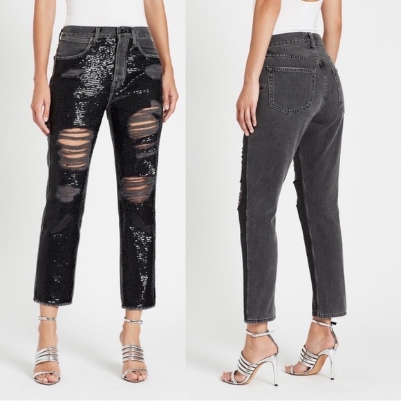 FRAME Gray Denim Sequin Basque Rip Distressed High Rise Button Fly Crop Jeans 27 - Picture 2 of 16